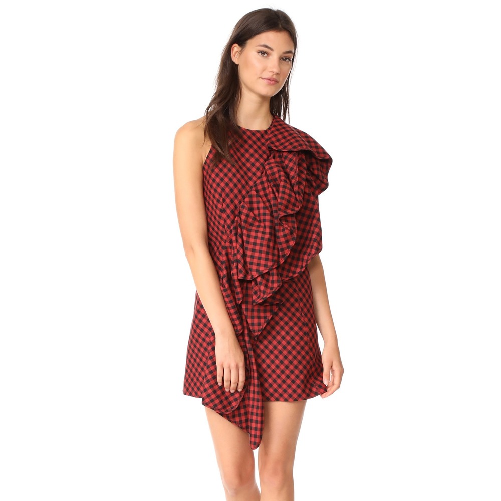 NWT Petersyn‎ Ariana Arona Gingham Ruffle Asymmetrical Dress Red Black XS